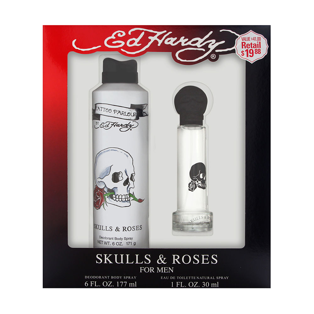 Ed Hardy Skulls & Roses by Christian Audigier for Men 2 Piece Set Includes: 1.0 oz Eau de Toilette Spray + 6.0 oz Deodorant Spray