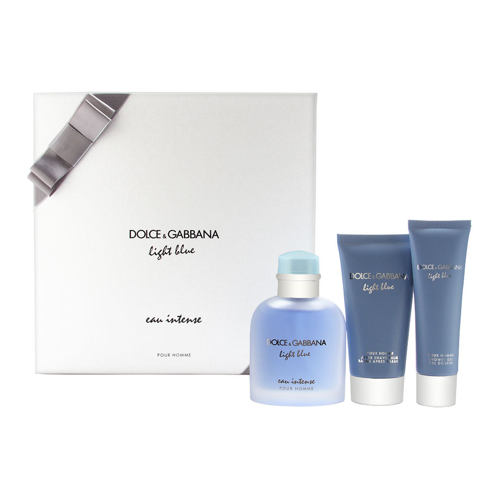 Light Blue Eau Intense by Dolce & Gabbana for Men 3 Piece Set Includes: 3.3 oz Eau de Parfum Spray Spray + 2.5 oz After Shave Balm + 1.6 oz Shower Gel