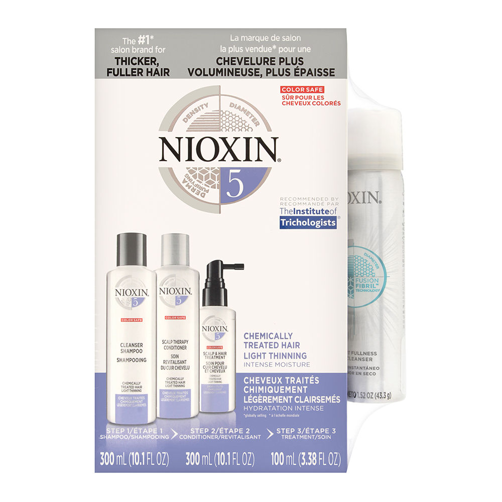 Nioxin System 5 System Kit - Chemically Treated Hair | Light Thinning | Color Safe + Bonus Travel Size Instant Fullness 4 Piece Set
