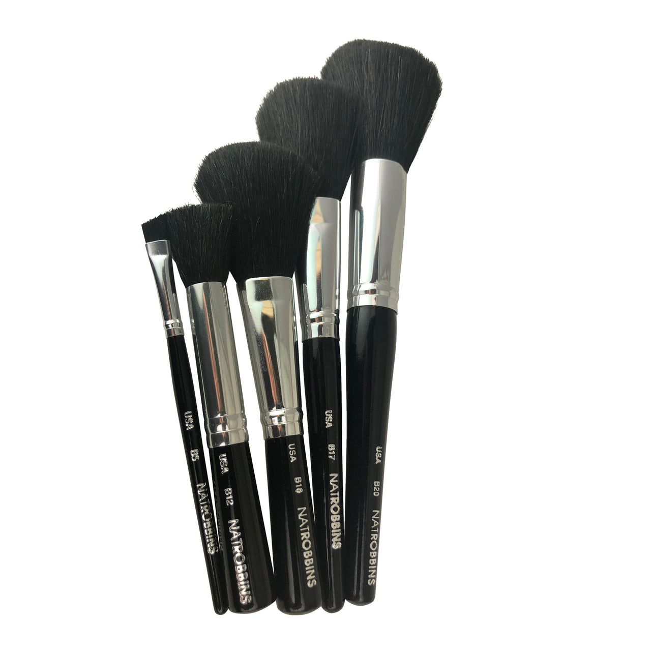 Nat Robbins Set of Four Natural Bristles Makeup Brushes #B12,17,B18, B20 and One #B5 (synthetic) This is a Set of 5 Premium Quality Make-Up Brushes.