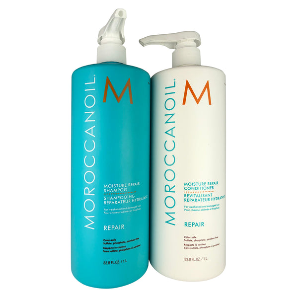 MOROCCANOIL Moisture Repair Shampoo & Conditioner Liter Duo 33.8 oz each For Weakened and Damaged Hair Color-Safe Parabens Sulfate & Phosphate Free