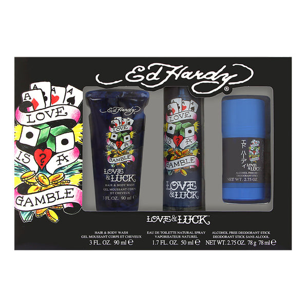 Ed Hardy Love & Luck by Christian Audigier for Men 3 Piece Set Includes: 1.7 oz Eau de Toilette Spray + 2.75 oz Deodorant Stick + 3.0 oz Hair & Body Wash