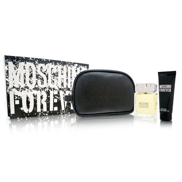 Moschino Forever by Moschino for Men 3 Piece Set Includes: 3.4 oz Eau de Toilette Spray + 3.4 oz Bath & Shower Gel + Dopp Kit